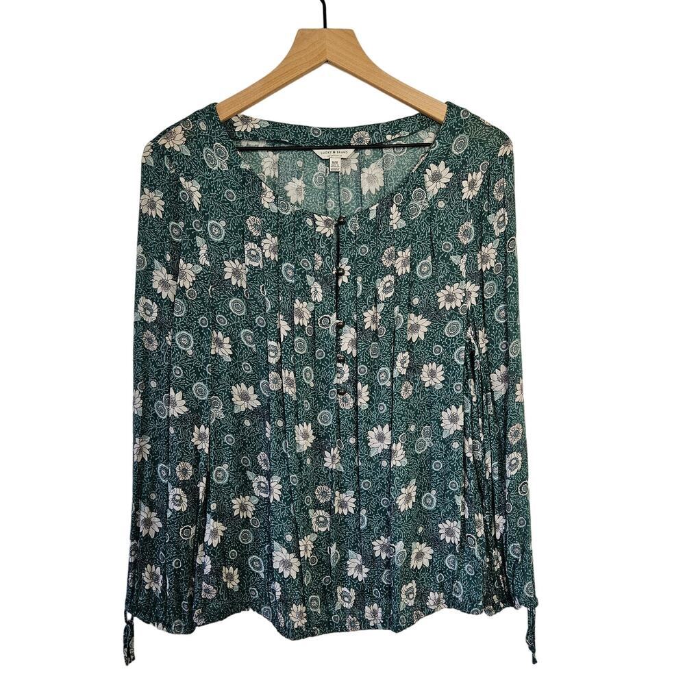 Lucky Brand Pleated Floral Blouse‎ M Teal Green Long Sleeve Top